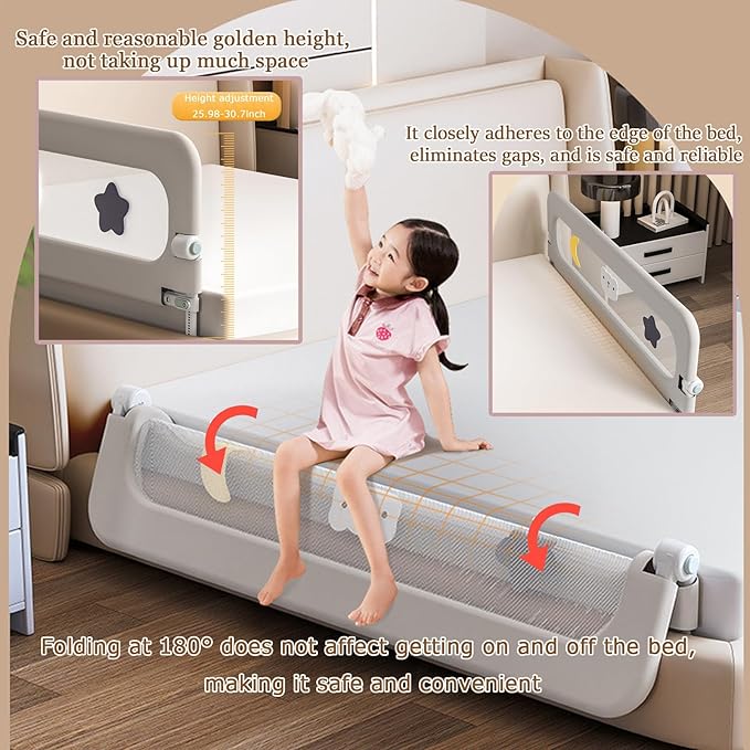 Bed Rail for Toddlers, Foldable Baby Bed Rail Guard, Adjustable, Safety, Convenient, Guard Rails with Twin, Full, Queen& King Size (Gray Cartoon, 1 Side:59inch)