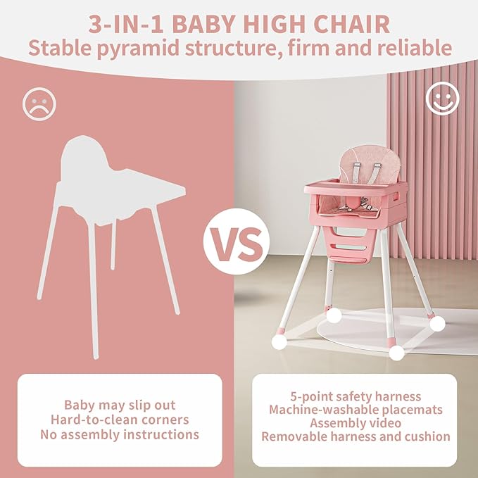 Portable High Chairs for Babies and Toddlers, Convertible Baby Feeding Chair with Tray, Easy Clean High Chair for Toddler with Foot Rest, Infant Highchairs & Booster Seats with Cushion Pink