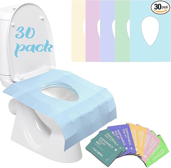 YOUNGTIME Toilet Seat Covers Disposable 30 Pack, Faster use-Sticker Free XL Waterproof Toilet Seat Cover for Adults and Kids Potty Training,Travel Accessories for Public Restrooms,Airplane(Colorful)