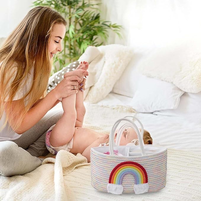 Diaper Caddy Organizer for Changing Table, Cotton Rope Baby Storage Basket for Diaper Wipes, Car Caddy Organizer, Nursery Diaper Organizer With Divider, Portable Diaper Storage -Rainbow