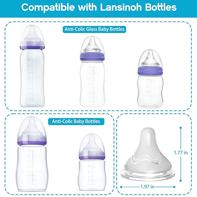 Silicone Nipples for Lansinoh Bottles, Replacement Nipple Anti-Colic for Baby 3m+, BPA Free, Medium Flow, Size M, 6 Count