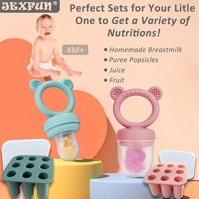 JEXFUN Silicone Baby Fruit Food Feeder Pacifier & Breastmilk Popsicle Freezer Molds, Baby Food Storage Containers Breast Milk Ice Cubes for Baby Teething & Infant Self Feeding, BPA Free (2Pack)