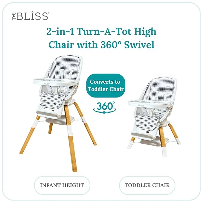 TruBliss Turn-A-Tot High Chair for Babies and Toddlers, 2 in 1 Wooden Portable Baby Feeder or Adjustable Child's Seat with 360 Degree Swivel, Removable Tray, and Pad (Gingham)