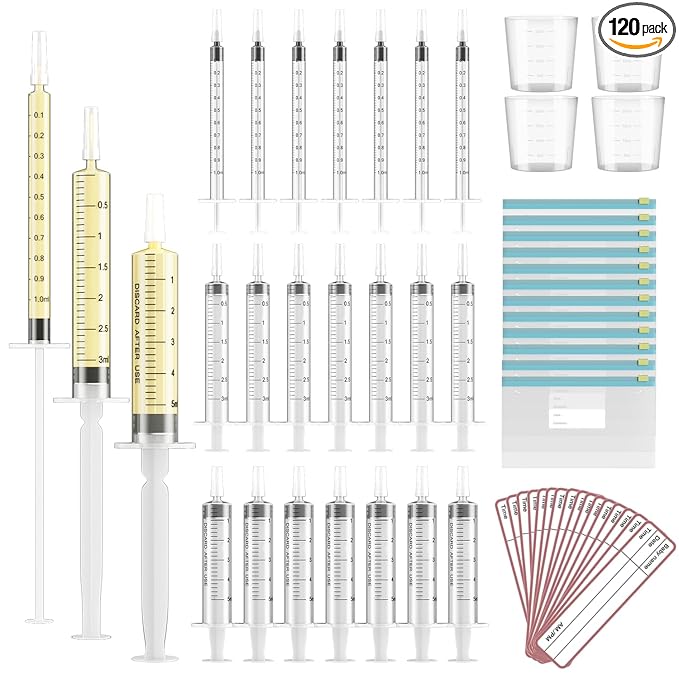 120 Sets 1/3/5ml Colostrum Collector Kit Include No Needle Colostrum Syringes with Caps 1/3/5mlx60, Stickerx120, 20ml Measuring Cupx4, Ziplock Storage Bagx12 for Breastmilk Collector
