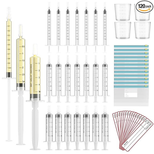 120 Sets 1/3/5ml Colostrum Collector Kit Include No Needle Colostrum Syringes with Caps 1/3/5mlx60, Stickerx120, 20ml Measuring Cupx4, Ziplock Storage Bagx12 for Breastmilk Collector
