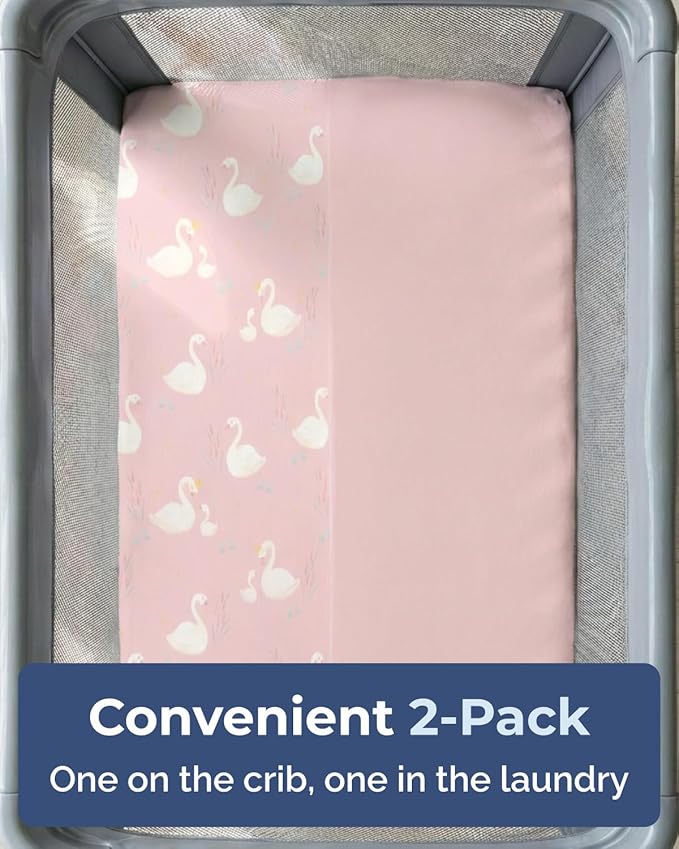 Pack and Play Sheets Fitted - 2 Pack Mini Crib Sheets for Pack N Play Mattress - Unisex Playard Microfiber Bedding for Boys & Girls - Soft, Breathable and Wrinkle Free - Oeko-Tex, 38 x 26in - Swans