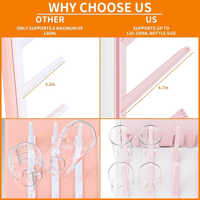 Yieach Larger Vertical Baby Bottle Drying Rack - BPA Free - Space Saving Feeding Bottles Drying Rack Holder for Countertop,Baby Bottle Holder Storage Station for Pacifiers,Pump Accessories Stand,Pink