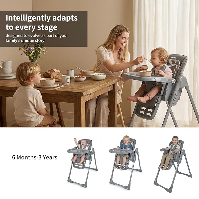 High Chair for Babies and Toddlers, Baby High Chair with Removable Tray, Adjustable Backrest, Footrest Height Settings, Space-Saving Design, Foldable (Dark Gray)