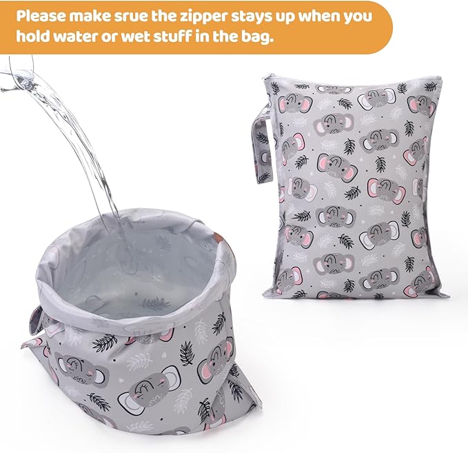 2pcs Baby Diaper Mess-proof Wet Bags,Waterproof Reusable Travel Storage Stroller Daycare Soiled Items Beach Pool Yoga Gym Bag for Wet Toddler Swimsuits -Bee,Elephant