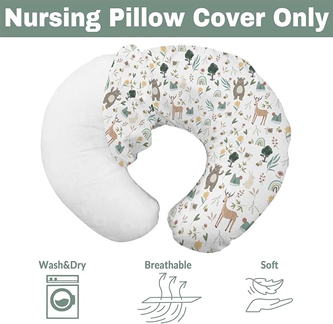 Whimsical Animals Baby Nursing Pillow Covers for Boy Girl Cute Animals Spring Nursing Pillowcase for Breastfeeding Pillows Bear Deer Bunny Rainbow Greenery Soft Stretchy Slipcovers for Newborn