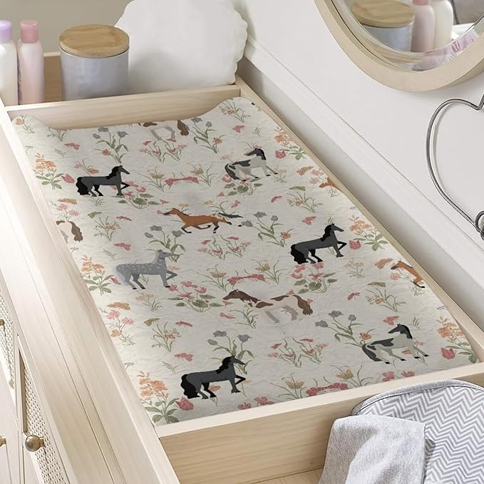GOSTONG Horse Flower Changing Pad Cover for Toddler Baby Girls Boys Diaper Change Table Sheet Cover Replacement Stretchy Changing Table Covers Soft Breathable