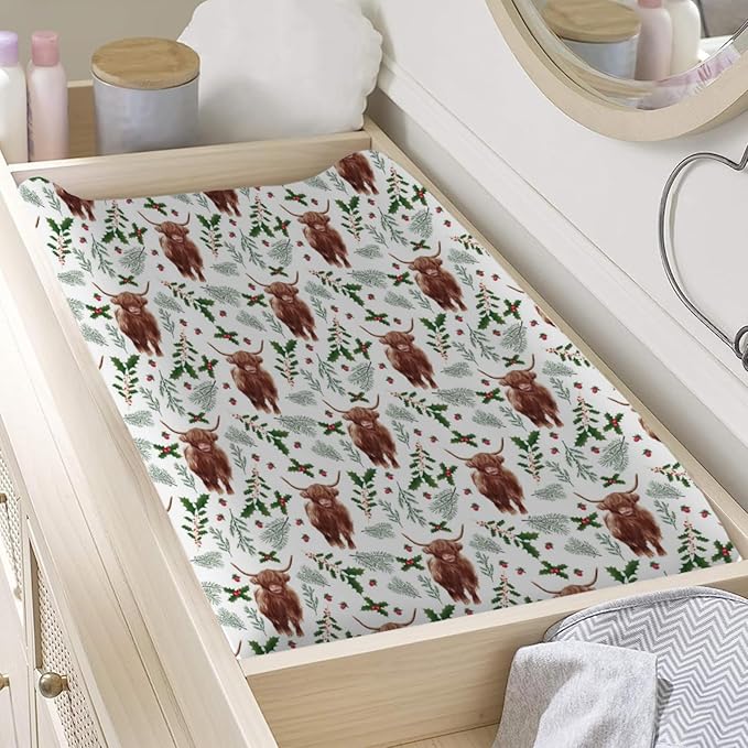 Highland Cows Christmas Cherry Pine Fir Leaves Changing Pad Covers Yak Winter Xmas Baby Diaper Change Table Sheets for Boys Girls Soft Stretchy Fitted Changing Table Mats Covers 32''x16''