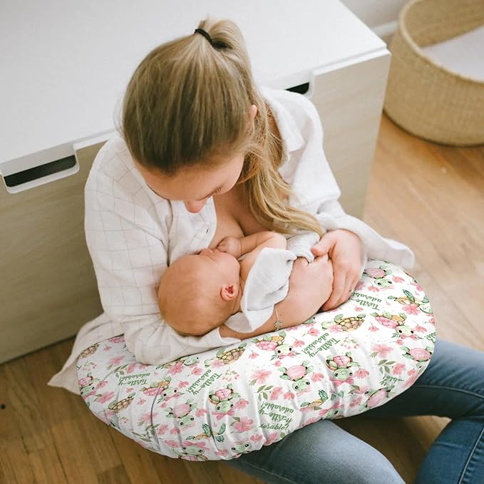 Baby Girls Nursing Pillow Cover Sea Turtle Pink Green Floral, Turtley Adorable Flower Breastfeeding Pillowcase, Bottle Feeding Pillow Slipcover Shower Gift Cover Only
