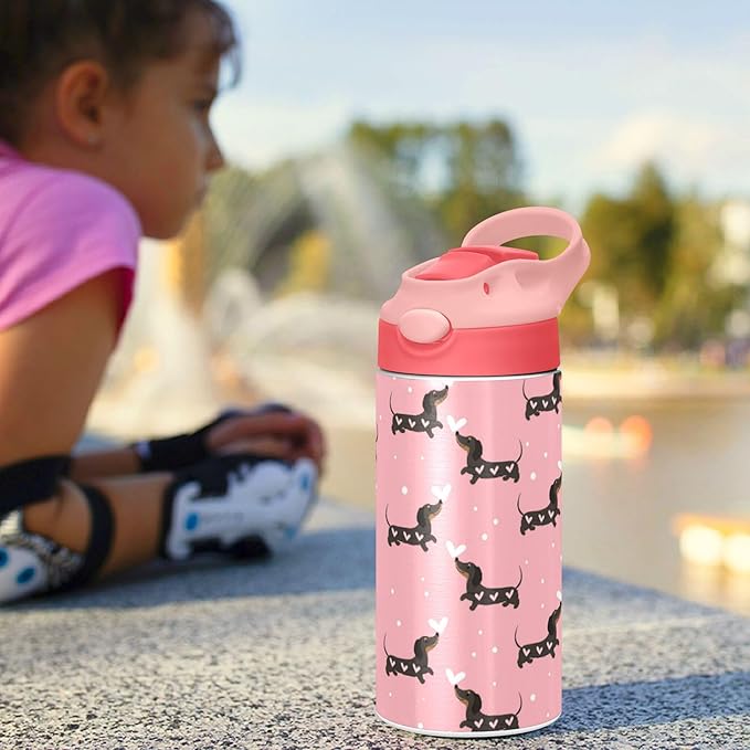 Pink Love Dachshund Dogs Kids Water Bottle with Straw and Carry Handle Cute Puppy Dog Vacuum Insulated Stainless Steel Bottles Leak-Proof for Boys Girls Toddler 12 oz Pink Lid