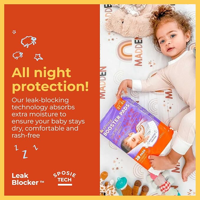 Sposie Diaper Booster Pads with Adhesive, fits Diaper Sizes 2T-5T, Baby Diaper Pads Inserts Overnight, Diaper Liners for Nighttime Diapers, Overnight Diapers, 28 ct/