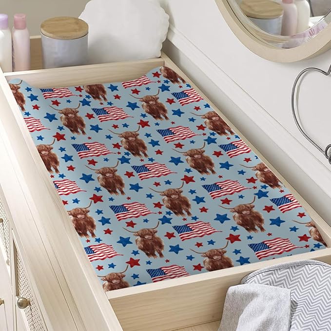 Highland Cows American Flag Changing Pad Covers Highland Yak Stars Stripes Diaper Change Table Sheets for Baby Girls and Boys Soft Stretch Changing Table Mats Cover 32''x16''