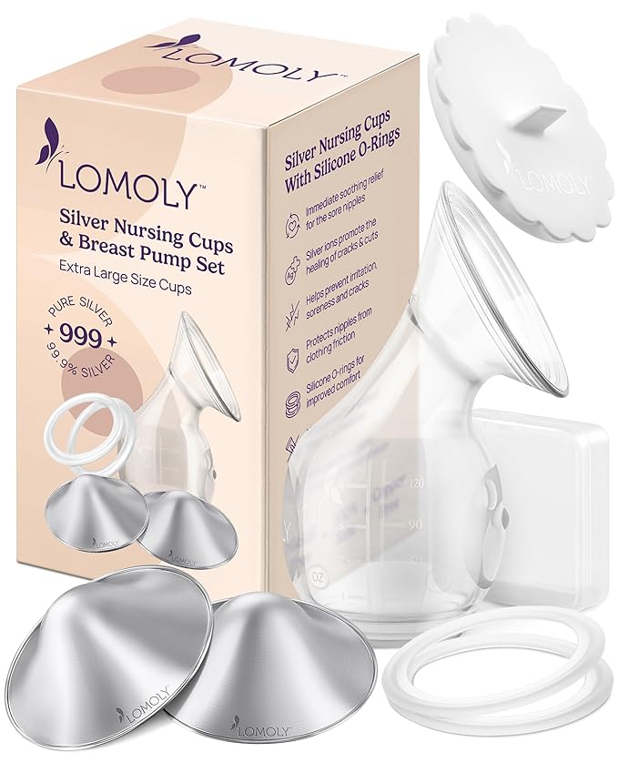 Silver Nursing Cups: Pure 999 Silver Nipple Shield to Relieve Soreness; Silver Nipple Covers Breastfeeding Set w/Breast Shells, Silicone Rings, and Hands-Free Breast Pump