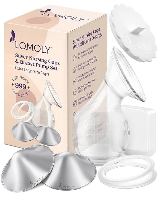 Silver Nursing Cups: Pure 999 Silver Nipple Shield to Relieve Soreness; Silver Nipple Covers Breastfeeding Set w/Breast Shells, Silicone Rings, and Hands-Free Breast Pump