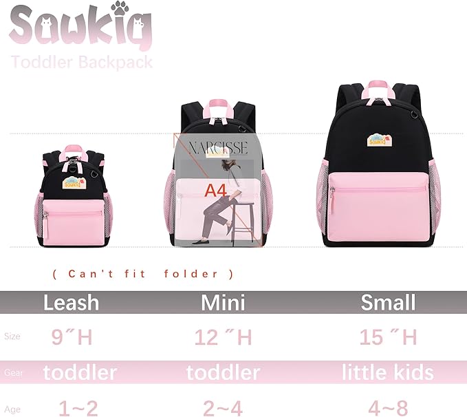 Mini Backpacks for Toddler Girls 9 inch Bookbag Purse with Baby Leash Backpack for Kids 1-2 (Black and Pink)