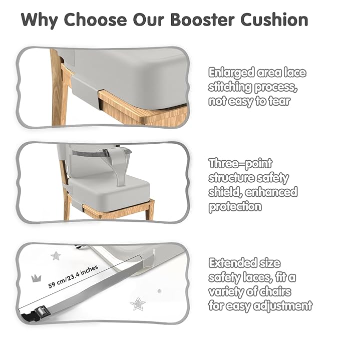 Toddler Booster Seat for Dining Table,Booster Seat for Kitchen Chair with Extended Straps,2PCS Portable with Safety Buckles,Suitable for Kids Aged 3-12 in Restaurants(Silver Gray)