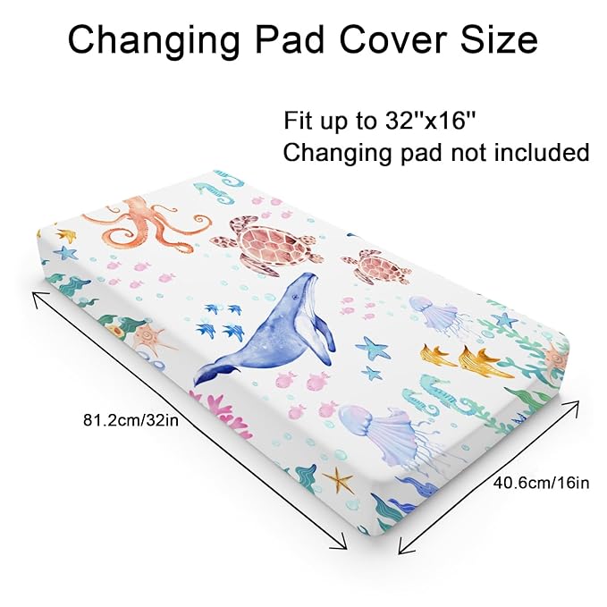 Colorful Nautical Life Changing Pad Cover Ocean Animals Corals Sea Weeds Baby Change Table Pad Cover for Boys Girls Soft Stretchy Fitted Diaper Changing Mat Sheets 32''x16''