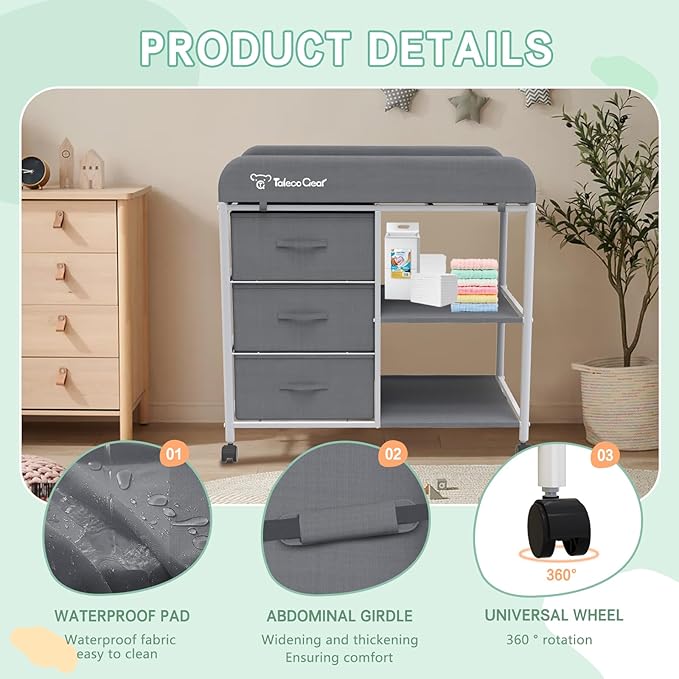 TALECO Gear Portable Changing Table with Storage, Diaper Changing Station, Waterproof Pad, 3 Storage Baskets, Mobile Nursery Organizer for Newborn Essentials