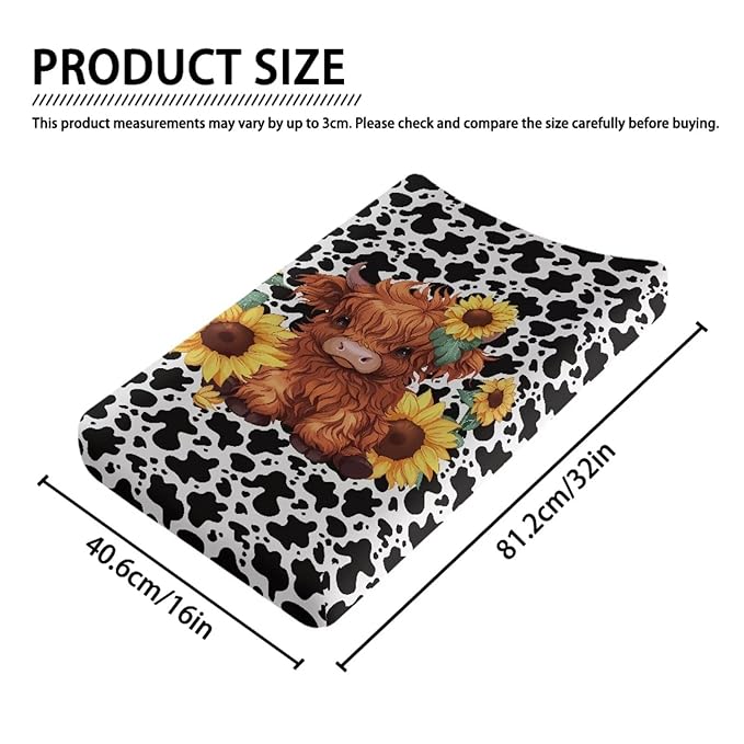Highland Cow Changing Pad Waterproof Cover Cartoon Cozy Baby Nursery Diaper Changing Pad Sheets Boys & Girls Stretchy Diaper Pad Covers for Changing Table 16x32 Inch