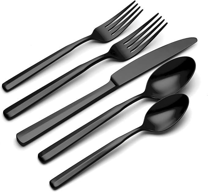 Oneida Silverware Set, Ryder Satin Black 20-Piece Flatware Set, Service For 4, 18/0 Stainless Steel, Dishwasher Safe, Cutlery Sets, Kitchen Utensils Sets, Knives Spoons And Forks (Black, 20 Pieces)
