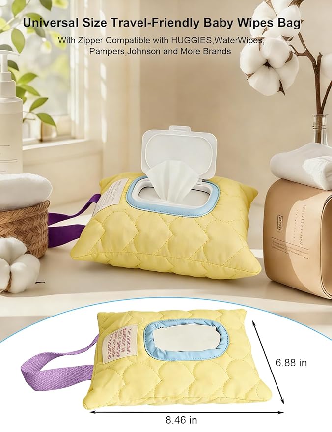 Reusable Baby Wipe Cover Fabric Quilted, Universal Size Travel-Friendly Baby Wipes Bag with Zipper Compatible with HUGGIES,WaterWipes,Pampers,Johnson and More Brands (Yellow)