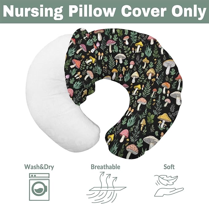Colorful Mushrooms Green Leaves Baby Nursing Pillow Covers for Boy Girl Fall Mushroom Forest Nursing Pillowcase for Breastfeeding Pillows Autumn Soft Stretchy Slipcovers for Newborn Infant