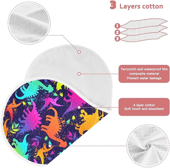 Muslin Burp Cloths for Baby Boys and Girls - 2-Pack Ultra Absorbent Bright Neon Dinosaurs Muslin Washcloths, Newborn Towel, Milk Spit Up Rags, Burp Cloth Bib for Unisex, 22 x 11 Inch