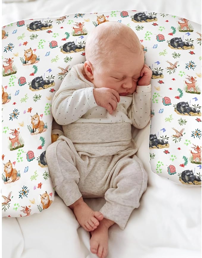 Spring Animals Baby Nursing Pillow Covers for Boy Girl Raccoon Deer Bird Snails Floral Leaves Nursery Pillowcase for Breastfeeding Pillows Animal Soft Stretchy Slipcover for Infant