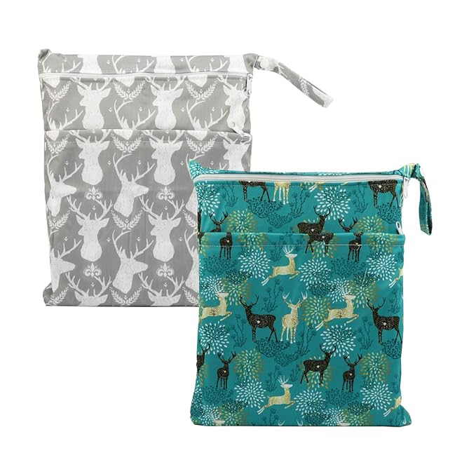 2 Wet Bags With Two Zippered Pockets Reusable Diaper Nappy Waterproof (Deer Heads and Regal Deer)