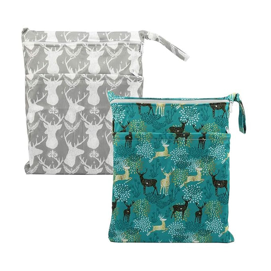 2 Wet Bags With Two Zippered Pockets Reusable Diaper Nappy Waterproof (Deer Heads and Regal Deer)