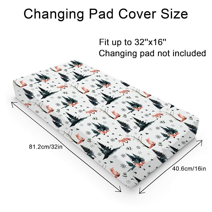 Cute Red Foxes Changing Pad Covers Winter Snow Trees Birds Change Table Pad Cover for Baby Boys Girls Soft Breathable Stretch Diaper Changing Mat Sheets 32''x16''