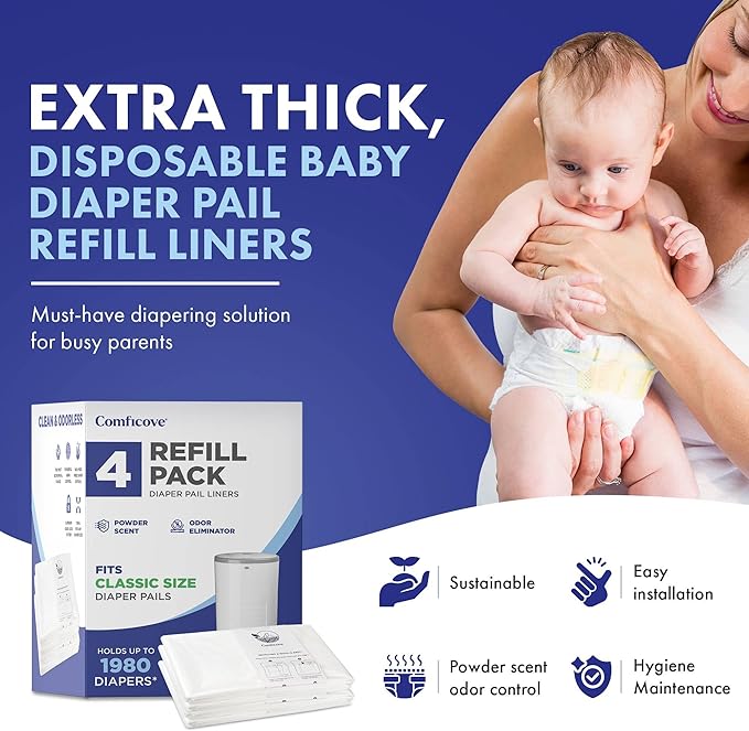 COMFICOVE Dekor Diaper Pail Refill Bags, 4-Pack Compatible with Dekor Classic Diaper Pail, Leak-Proof Disposable Liners, Odor-Resistant Diaper Refill Bags for Easy Cleanup