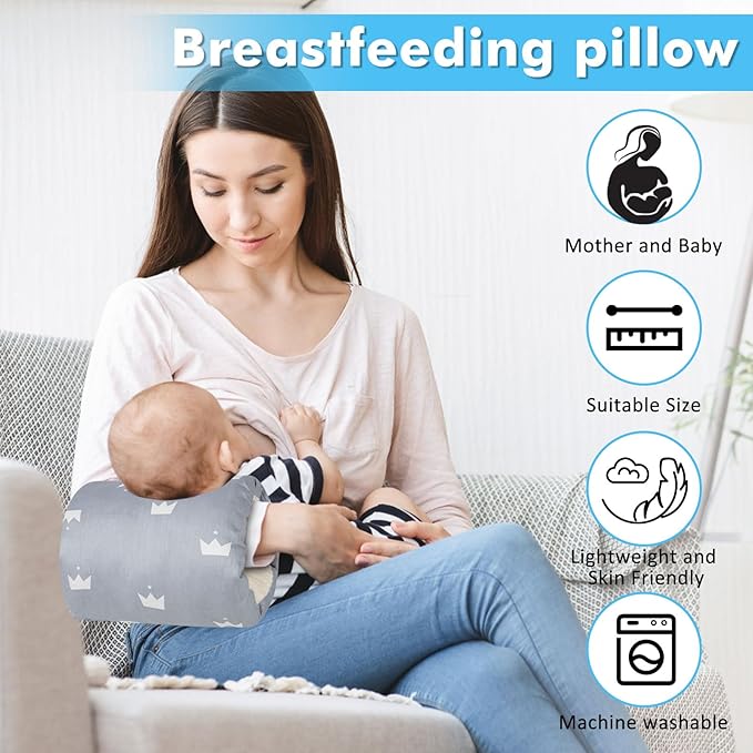 Baby Feeding Arm Pillow,Soft Cotton Bottle Nursing Arm Pillows for Newborn,Breastfeeding Pillows for More Support for Mom and Baby,Portable and Washable,Ergonomic Nursing Essentials(Grey Crown)