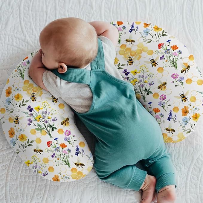 Boho Wildflower Bees Honeycomb Baby Nursing Pillow Covers for Boy Girl Watercolor Honeybee Floral Nursing Slipcovers for Breastfeeding Pillows Summer Soft Stretchy Removable Cover for Newborn Infant