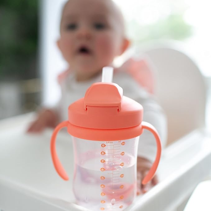 Dr. Brown's Milestones Wide-Neck Sippy Spout Bottle with 100% Silicone Handles & Milestones Baby’s First Straw Cup, Training Cup with Weighted Straw, Coral, 6m+