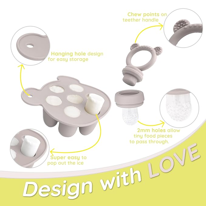 Baby Teething Relief teether, Breast Milk Popsicle Mold for purees .Silicone Baby Fruit Food Feeder for Safe Infant Self Feeding, BPA Freefor 3 Month+, (Light Grey)