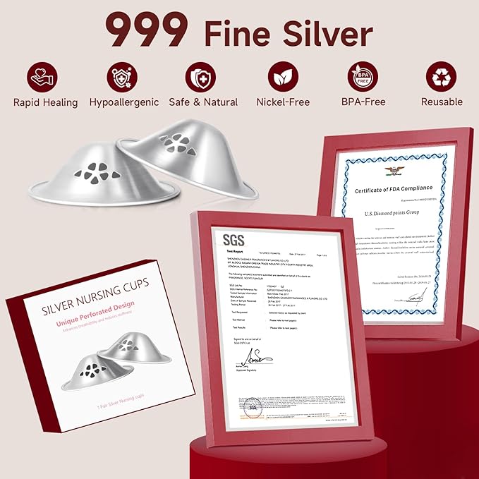 999 Silver Nursing Cups, Original Perforated Breathable Design, FSA&HSA Eligible Silver Nipple Covers for Breastfeeding Essential, Nipple Shields for Breastfeeding Newborn (Regular)