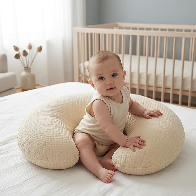 Pro Goleem Muslin Nursing Pillow Cover, 100% Cotton Soft Breathable Feeding Pillow Slipcover for Breastfeeding Moms, Fits Standard Infant Nursing Pillow, for Boys and Girls, 2 Pack (Brown＆Beige)