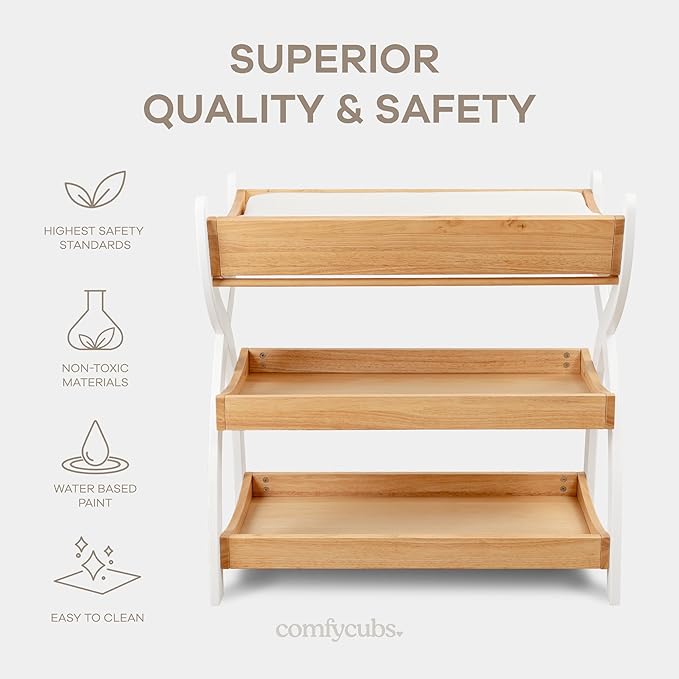 Comfy Cubs Baby Changing Table - Sturdy Wood Construction, Timeless Look Baby Change Table with Two Open Shelves for Infant Daycare Essentials Storage - Natural Wood with White Legs