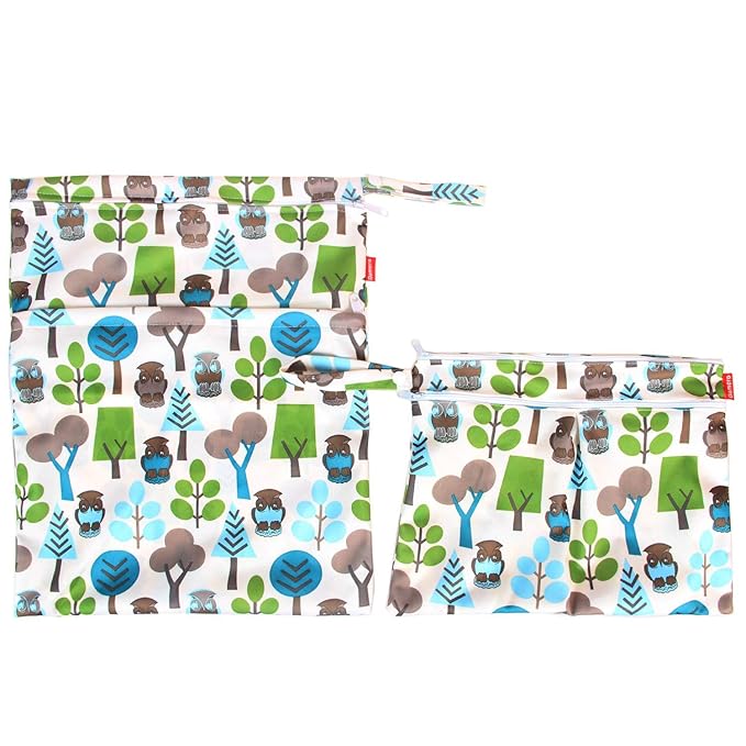 Damero 2pcs Travel Wet and Dry Bag, Reusable Wet Bags Organizer with Two Zippered Pocket for Cloth Diaper, Pumping Parts, Swimsuit and Gym, Green Forest