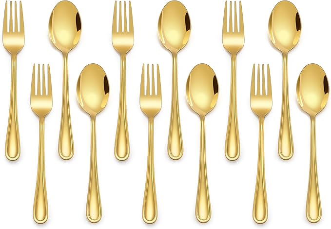 E-far 12-Piece Toddler Silverware, Stainless Steel Kids Utensils Forks and Spoons, Children Safe Mirror Polished Metal Cutlery Set for Self Feeding, 6 Forks & 6 Spoons(Gold)
