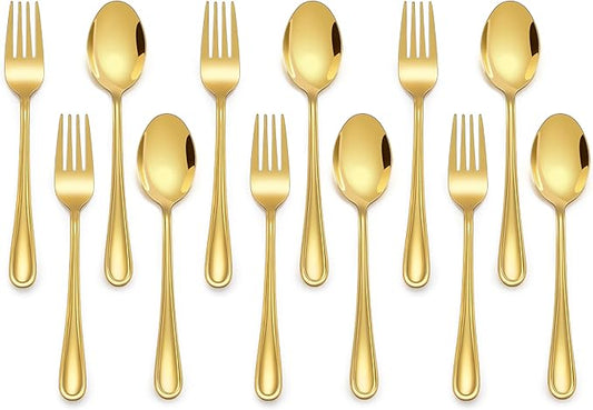 E-far 12-Piece Toddler Silverware, Stainless Steel Kids Utensils Forks and Spoons, Children Safe Mirror Polished Metal Cutlery Set for Self Feeding, 6 Forks & 6 Spoons(Gold)