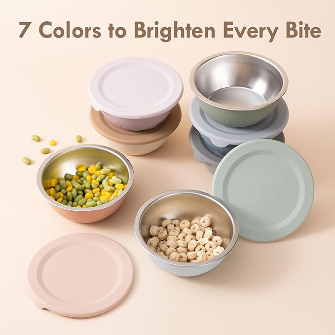 Moonkie Baby Suction Bowls for Self-Feeding: 3 Strong Suction Bases Prevent Spills - Seamless One-Piece Design for Easy Cleanup - Stainless Steel & Silicone Toddler Bowls with Lids - 13 oz 2 Pack