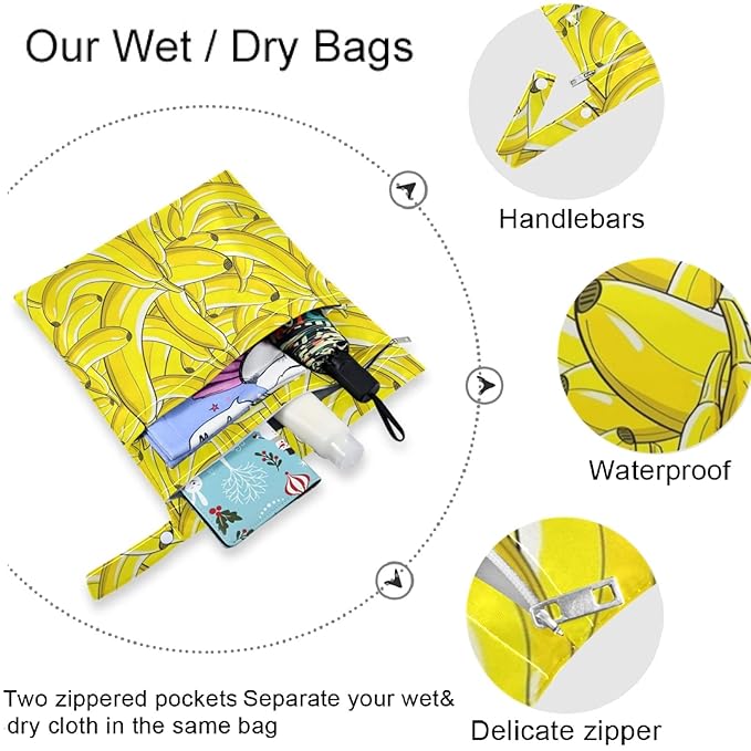 visesunny Yellow Banana 2Pcs Wet Bag with Zippered Pockets Washable Reusable Roomy for Travel,Beach,Pool,Daycare,Stroller,Diapers,Dirty Gym Clothes, Wet Swimsuits, Toiletries