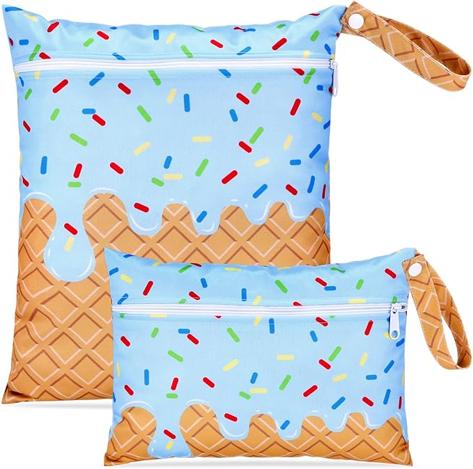SATINIOR 2 Pack Wet Dry Bags Ice Cream Waterproof Pouch Large & Small Makeup Bag Baby Wet Bags Zipper Pouch for Baby Women Diapers Cloth(Blue)