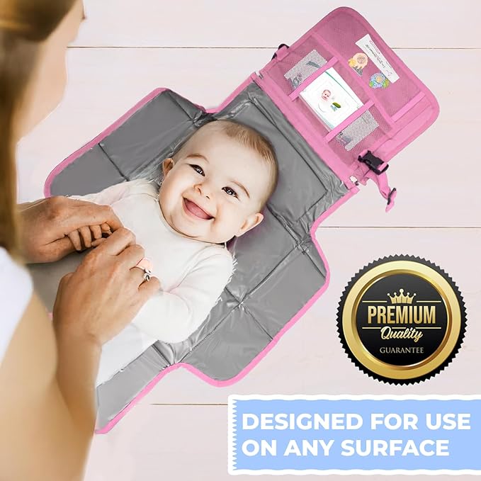 Portable Diaper Changing Mat, Fits Most Changing Tables, One-Hand Hook-and-Loop Fasteners, Front Touchscreen-Friendly Pocket, Pink
